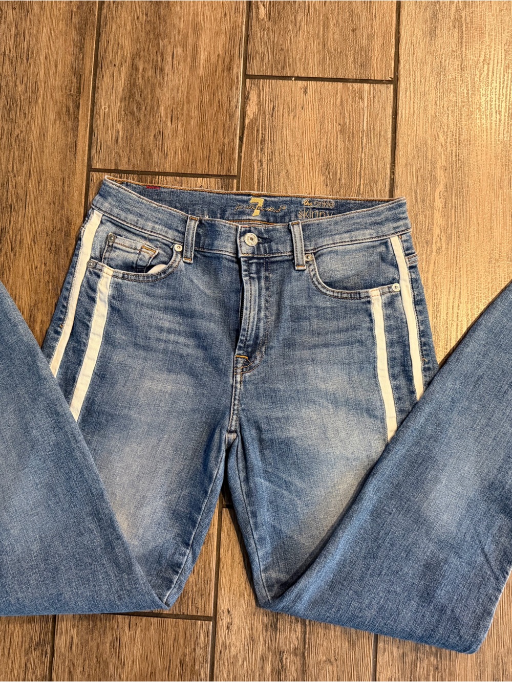 7 For All Mankind Blue Denim Ankle Jeans with White Side Stripes
